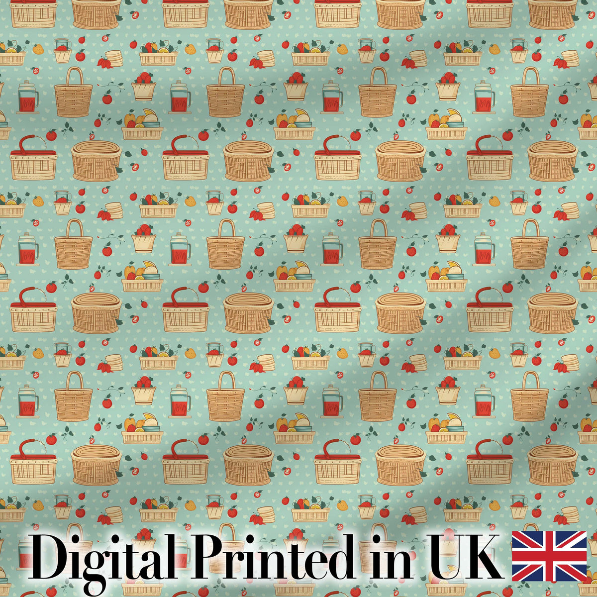 Cute Picnic Food and Basket Elements Soft Blue Seamless Pattern Digital Print Fabric by the Metre UK Sewing Quilting Textile