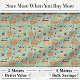 Cute Picnic Food and Basket Elements Soft Blue Seamless Pattern Digital Print Fabric by the Metre UK Sewing Quilting Textile