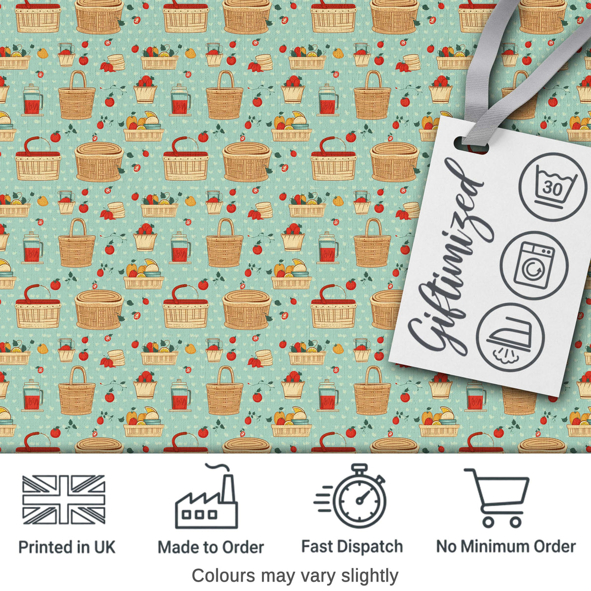 Cute Picnic Food and Basket Elements Soft Blue Seamless Pattern Digital Print Fabric by the Metre UK Sewing Quilting Textile