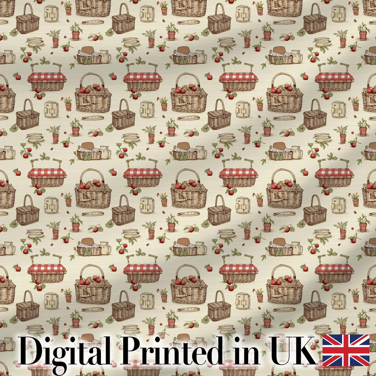 Rustic Picnic Basket with Strawberries and Garden Items Seamless Pattern Digital Print Fabric by the Metre UK Sewing Quilting Textile
