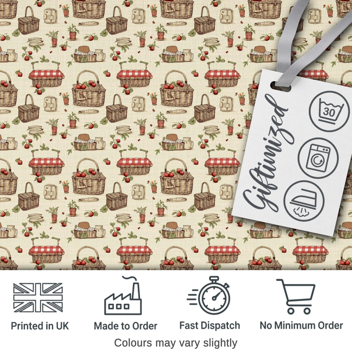 Rustic Picnic Basket with Strawberries and Garden Items Seamless Pattern Digital Print Fabric by the Metre UK Sewing Quilting Textile