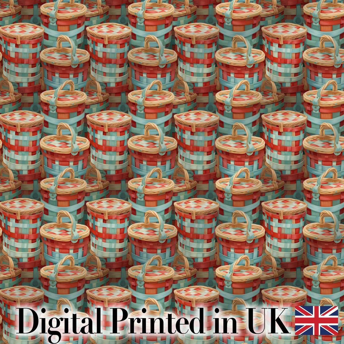 Detailed Wicker Picnic Baskets Close Up Seamless Pattern Digital Print Fabric by the Metre UK Sewing Quilting Textile