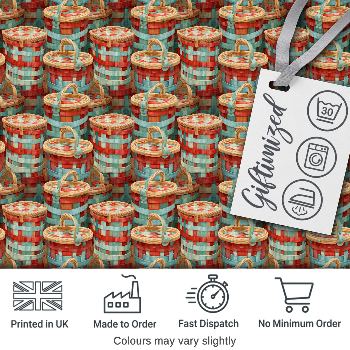 Detailed Wicker Picnic Baskets Close Up Seamless Pattern Digital Print Fabric by the Metre UK Sewing Quilting Textile