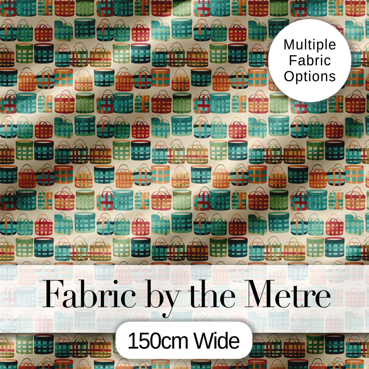 Colorful Modern Picnic Baskets Geometric Style Seamless Pattern Digital Print Fabric by the Metre UK Sewing Quilting Textile