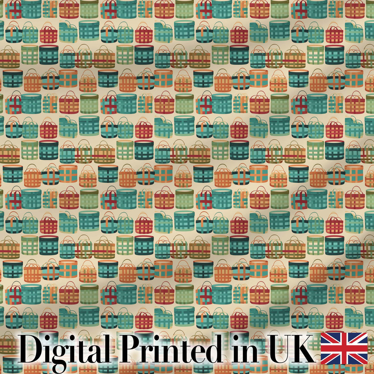 Colorful Modern Picnic Baskets Geometric Style Seamless Pattern Digital Print Fabric by the Metre UK Sewing Quilting Textile