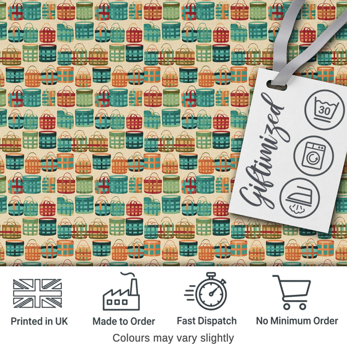 Colorful Modern Picnic Baskets Geometric Style Seamless Pattern Digital Print Fabric by the Metre UK Sewing Quilting Textile