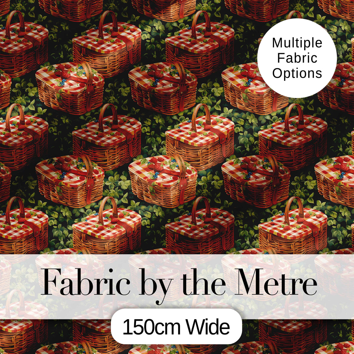 Red Gingham Picnic Basket with Strawberries Seamless Pattern Digital Print Fabric by the Metre UK Sewing Quilting Textile