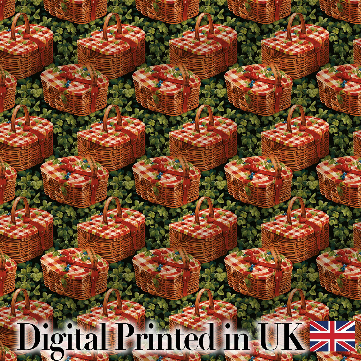Red Gingham Picnic Basket with Strawberries Seamless Pattern Digital Print Fabric by the Metre UK Sewing Quilting Textile