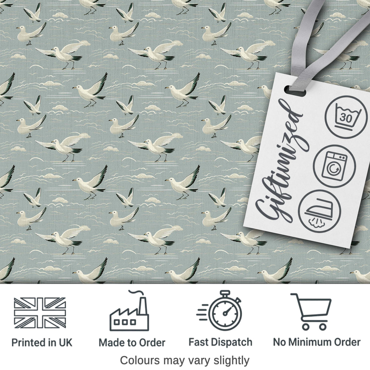 Elegant Flying Seagulls Soft Cloud Sky Seamless Pattern Digital Print Fabric by the Metre UK Sewing Quilting Textile