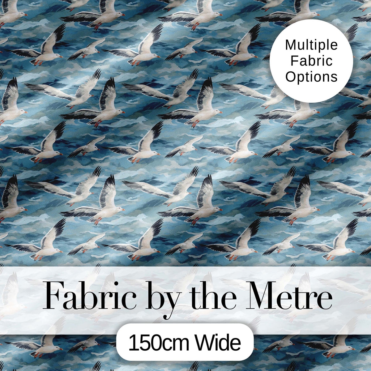 Realistic Seagulls Over Blue Sea Waves Seamless Pattern Digital Print Fabric by the Metre UK Sewing Quilting Textile