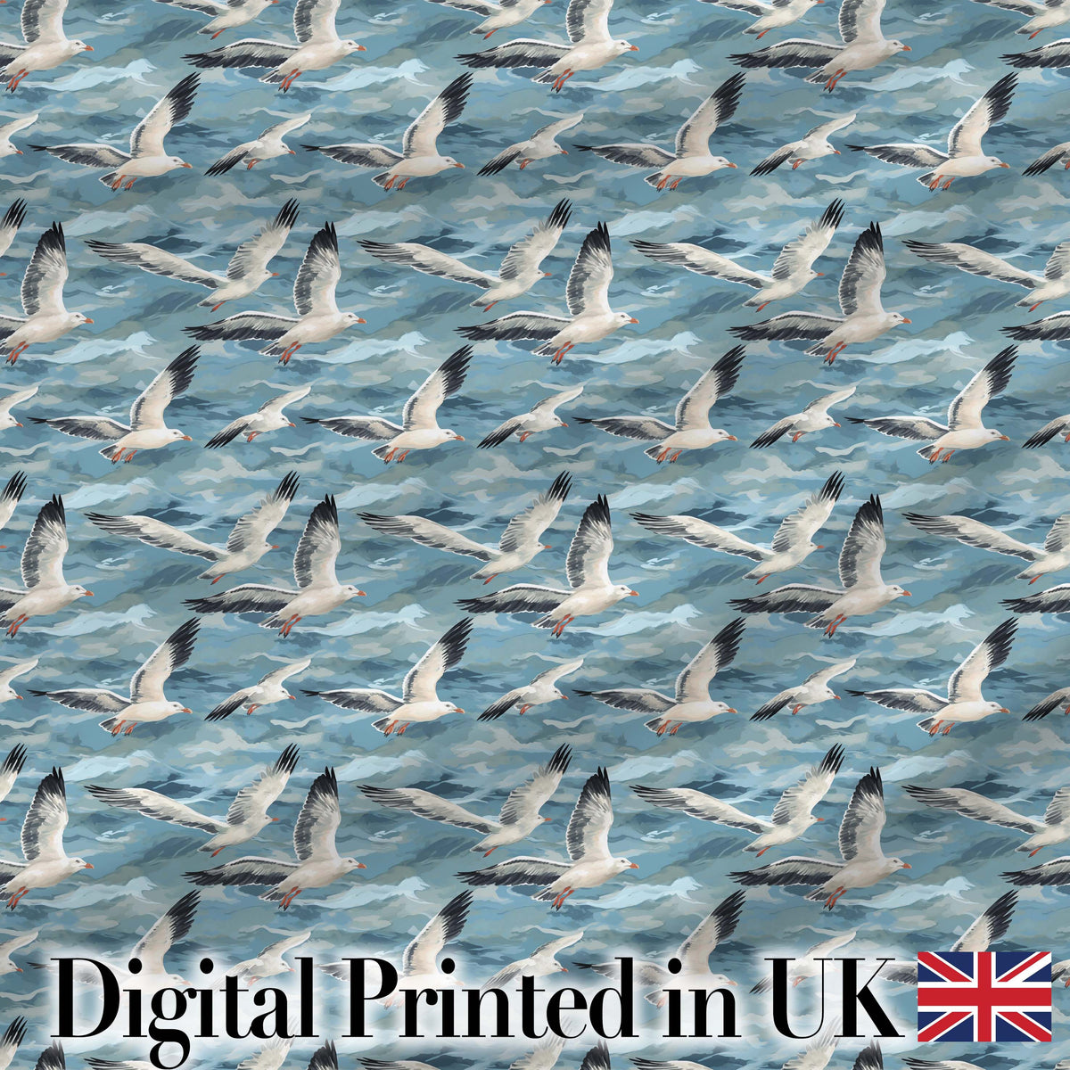 Realistic Seagulls Over Blue Sea Waves Seamless Pattern Digital Print Fabric by the Metre UK Sewing Quilting Textile