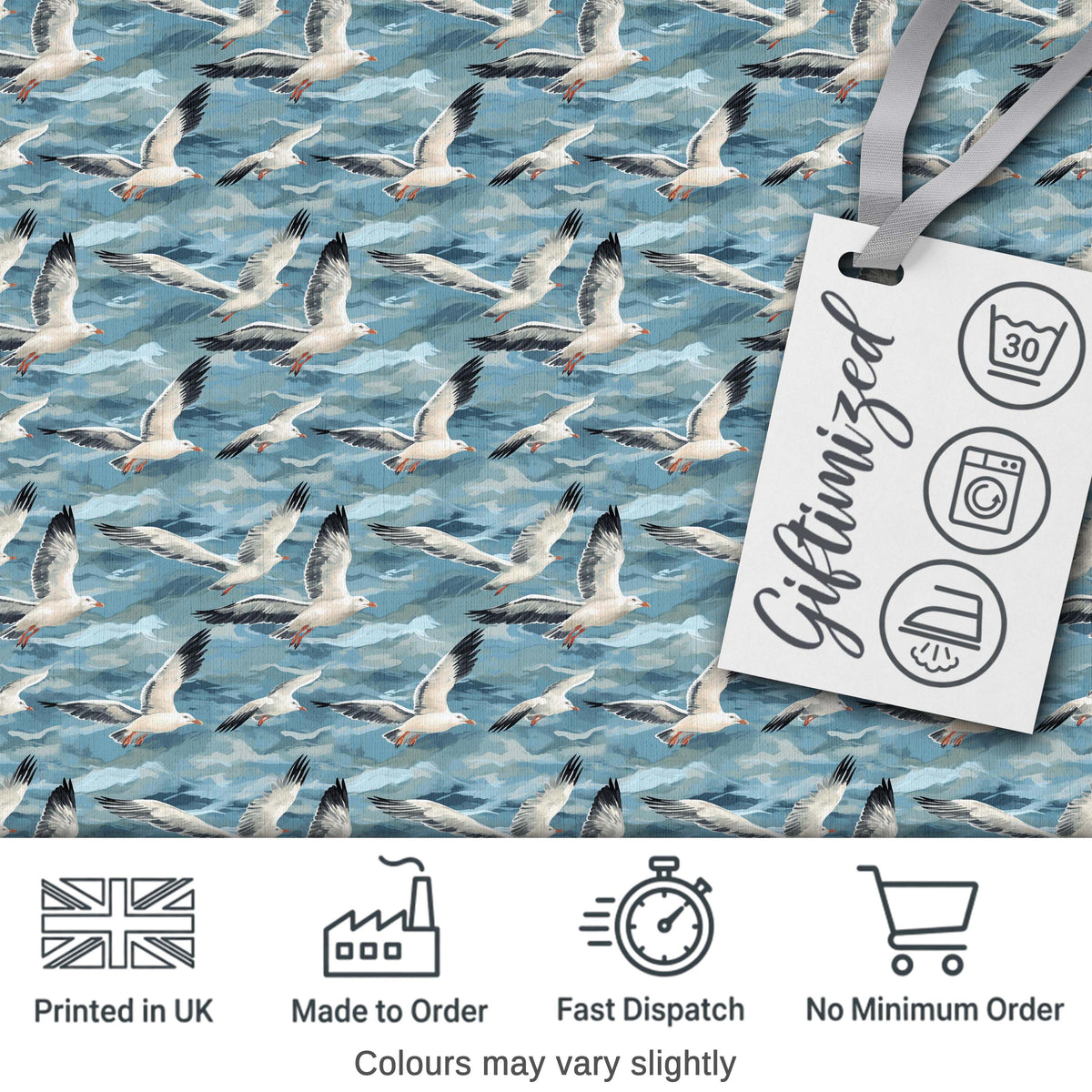 Realistic Seagulls Over Blue Sea Waves Seamless Pattern Digital Print Fabric by the Metre UK Sewing Quilting Textile