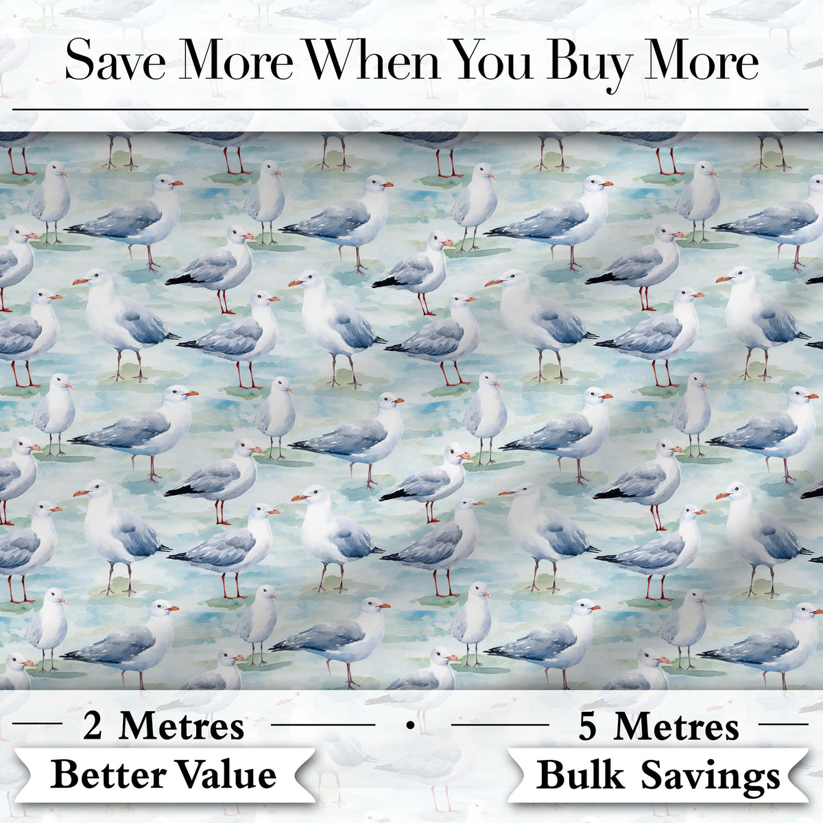 Soft Watercolor Seagulls Standing on Shore Seamless Pattern Digital Print Fabric by the Metre UK Sewing Quilting Textile