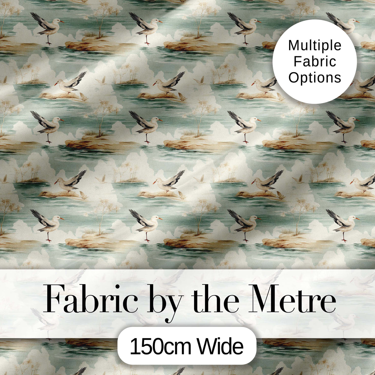 Vintage Coastal Scene Seagulls on Shore Landscape Seamless Pattern Digital Print Fabric by the Metre UK Sewing Quilting Textile
