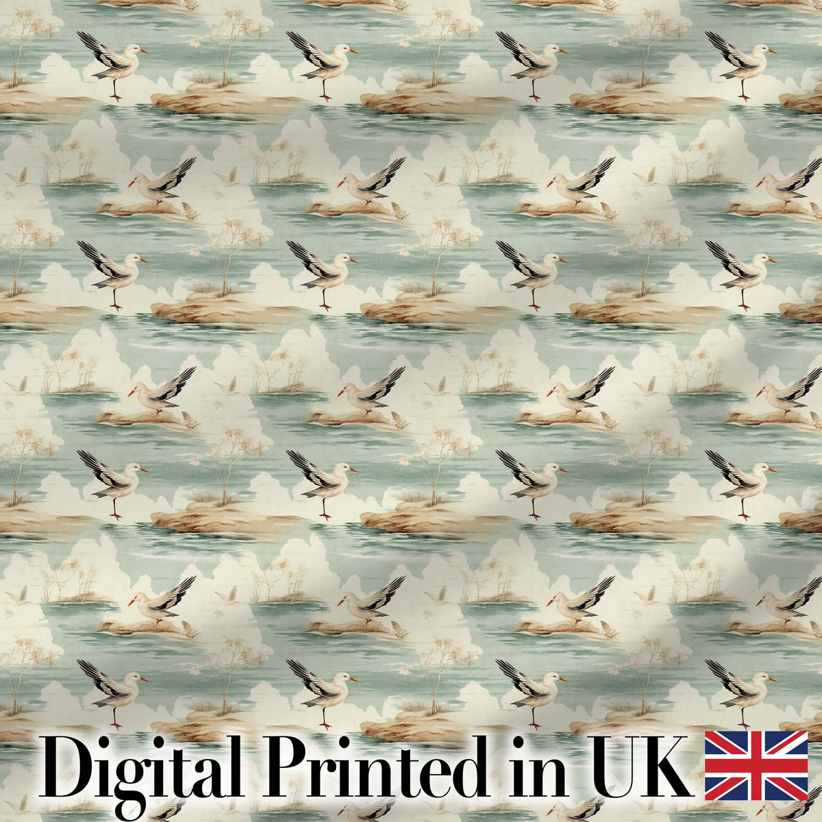 Vintage Coastal Scene Seagulls on Shore Landscape Seamless Pattern Digital Print Fabric by the Metre UK Sewing Quilting Textile