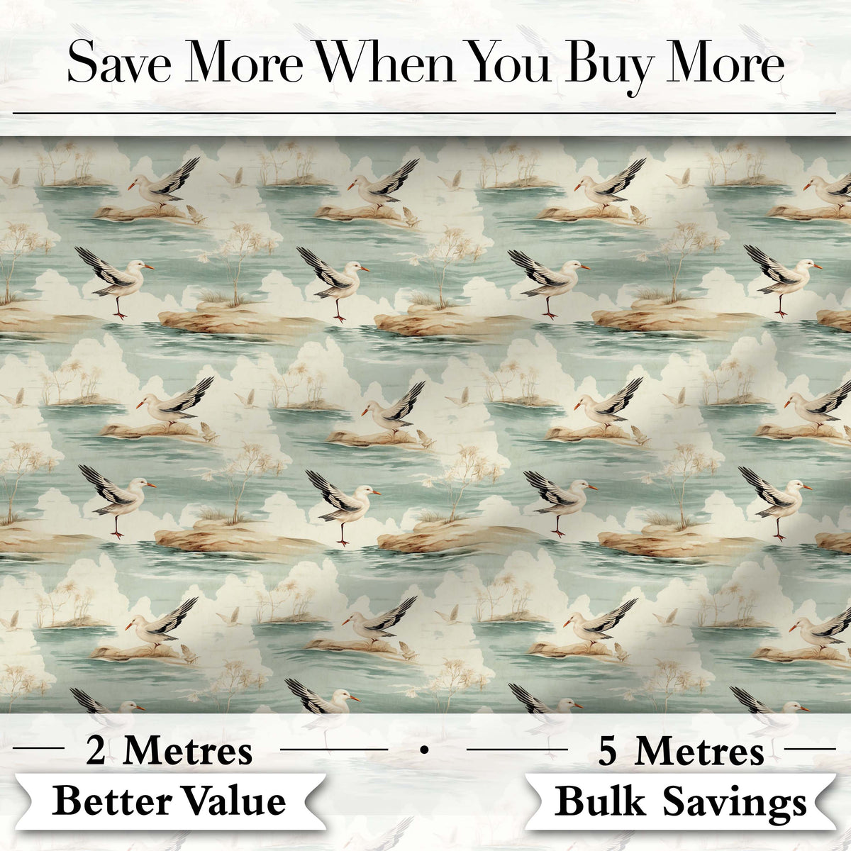 Vintage Coastal Scene Seagulls on Shore Landscape Seamless Pattern Digital Print Fabric by the Metre UK Sewing Quilting Textile