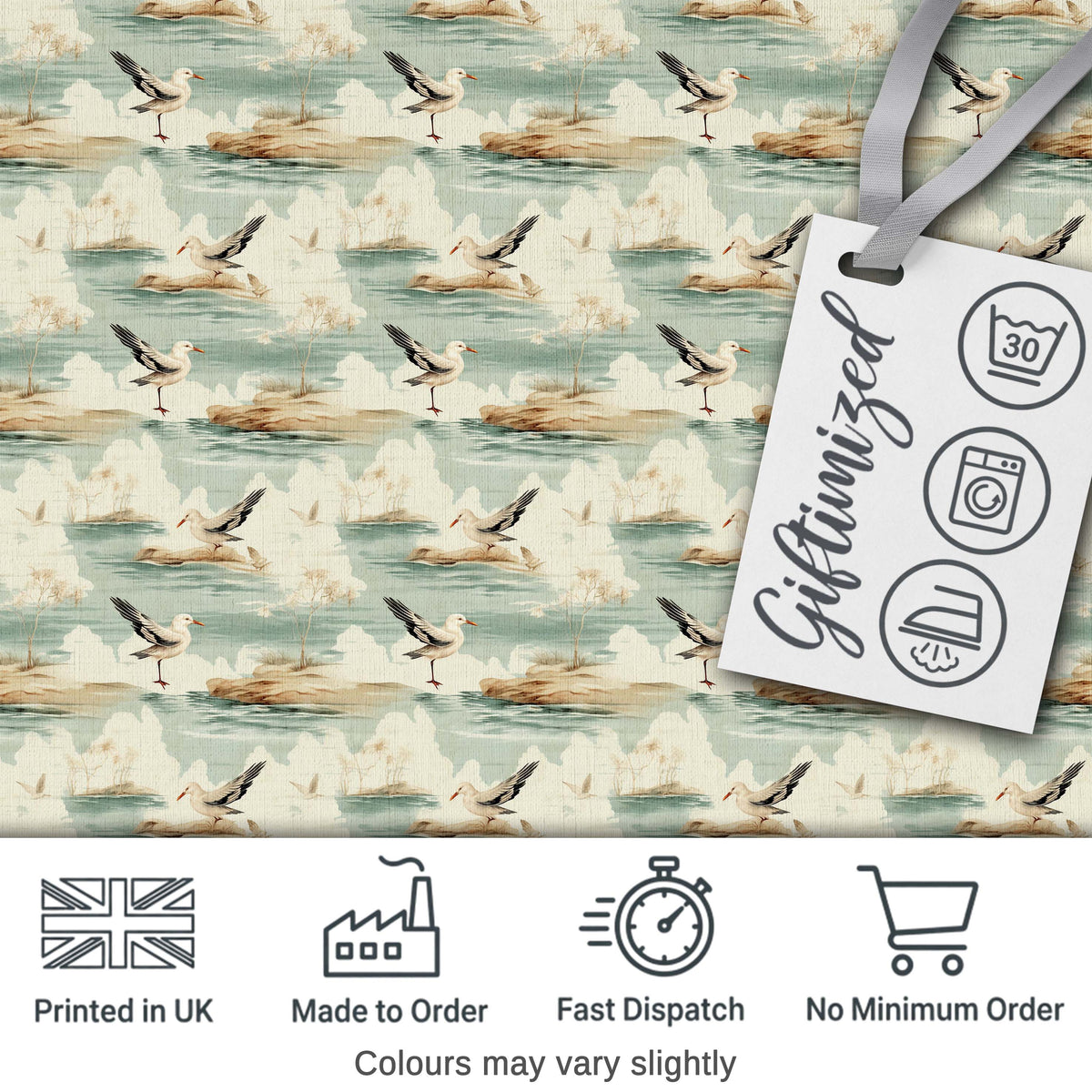 Vintage Coastal Scene Seagulls on Shore Landscape Seamless Pattern Digital Print Fabric by the Metre UK Sewing Quilting Textile