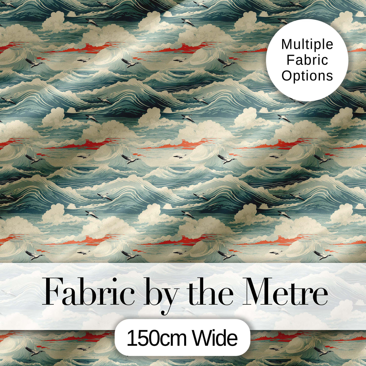Ocean Waves with Flying Seabirds Scenic Seamless Pattern Digital Print Fabric by the Metre UK Sewing Quilting Textile