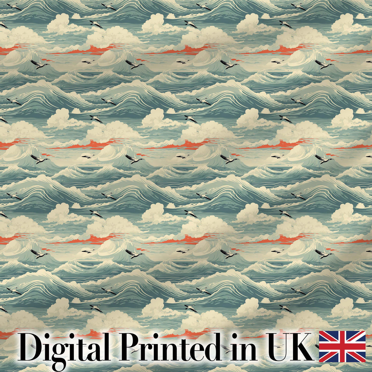 Ocean Waves with Flying Seabirds Scenic Seamless Pattern Digital Print Fabric by the Metre UK Sewing Quilting Textile