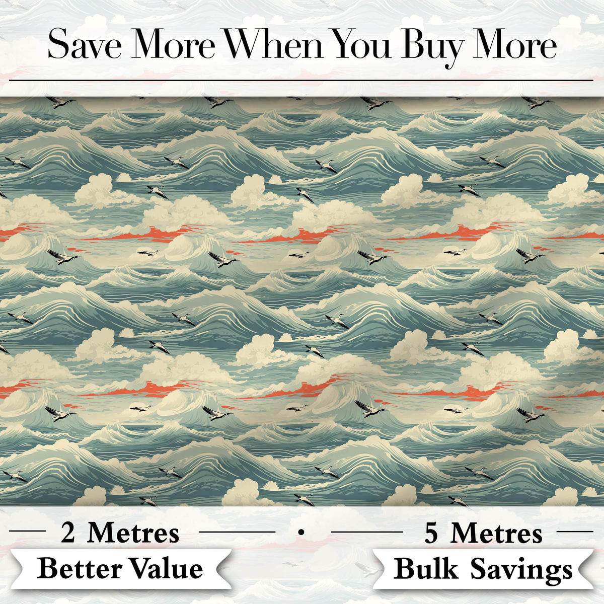 Ocean Waves with Flying Seabirds Scenic Seamless Pattern Digital Print Fabric by the Metre UK Sewing Quilting Textile