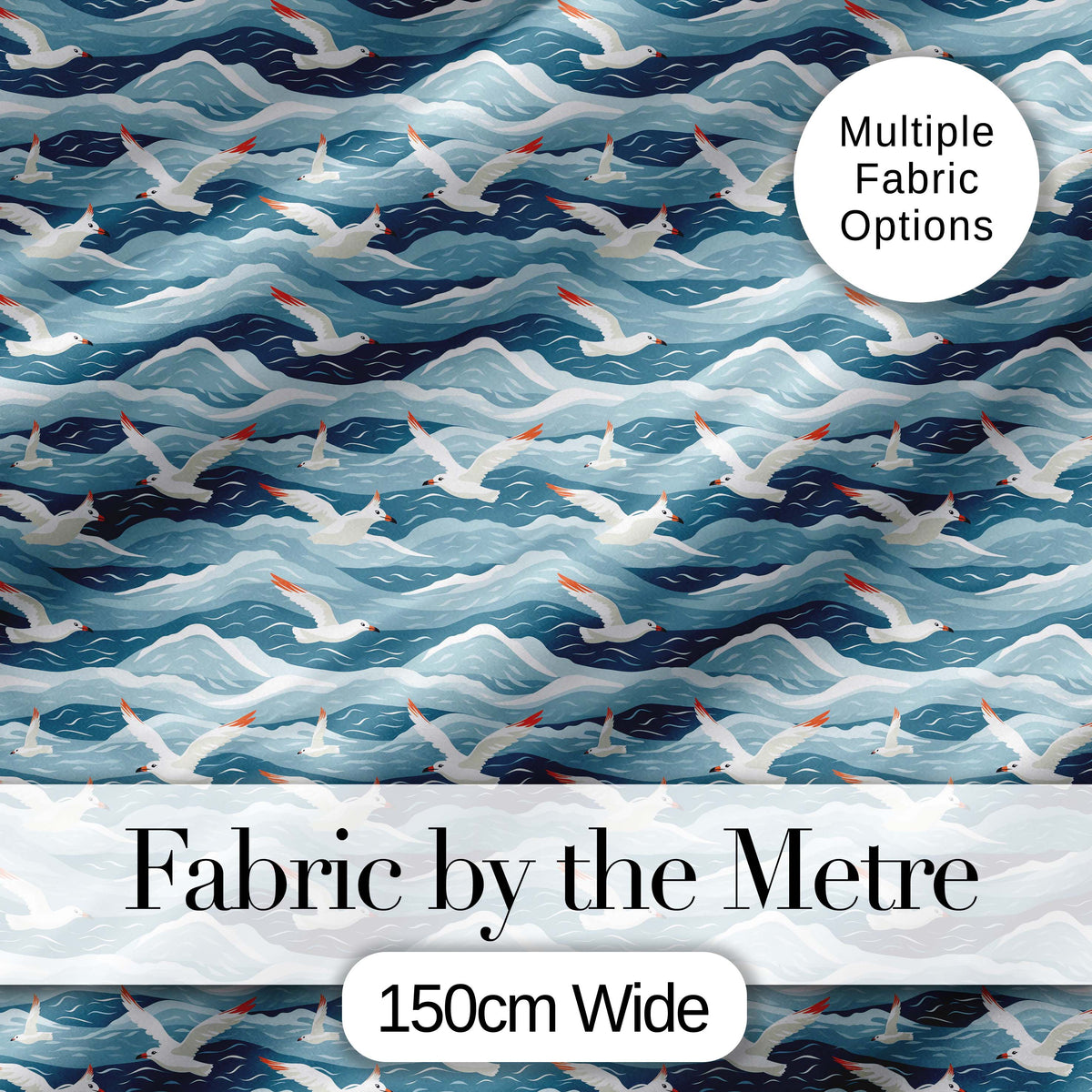 Seagulls Flying Over Ocean Waves Blue Coastal Seamless Pattern Digital Print Fabric by the Metre UK Sewing Quilting Textile