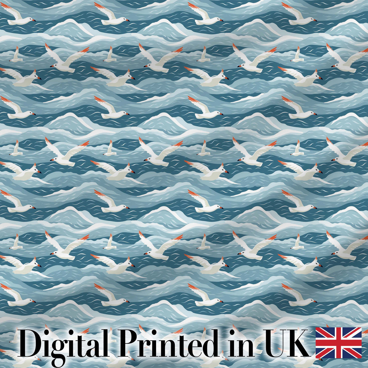 Seagulls Flying Over Ocean Waves Blue Coastal Seamless Pattern Digital Print Fabric by the Metre UK Sewing Quilting Textile