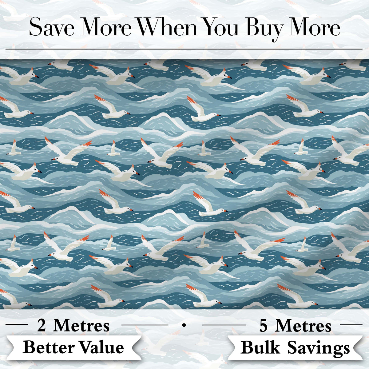 Seagulls Flying Over Ocean Waves Blue Coastal Seamless Pattern Digital Print Fabric by the Metre UK Sewing Quilting Textile