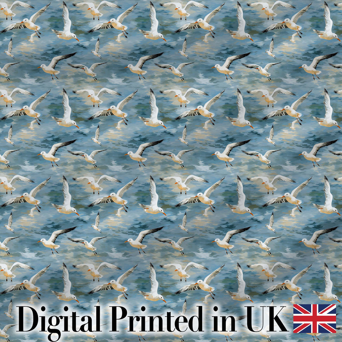 Soft Watercolor Seagulls in Flight Over Sea Seamless Pattern Digital Print Fabric by the Metre UK Sewing Quilting Textile