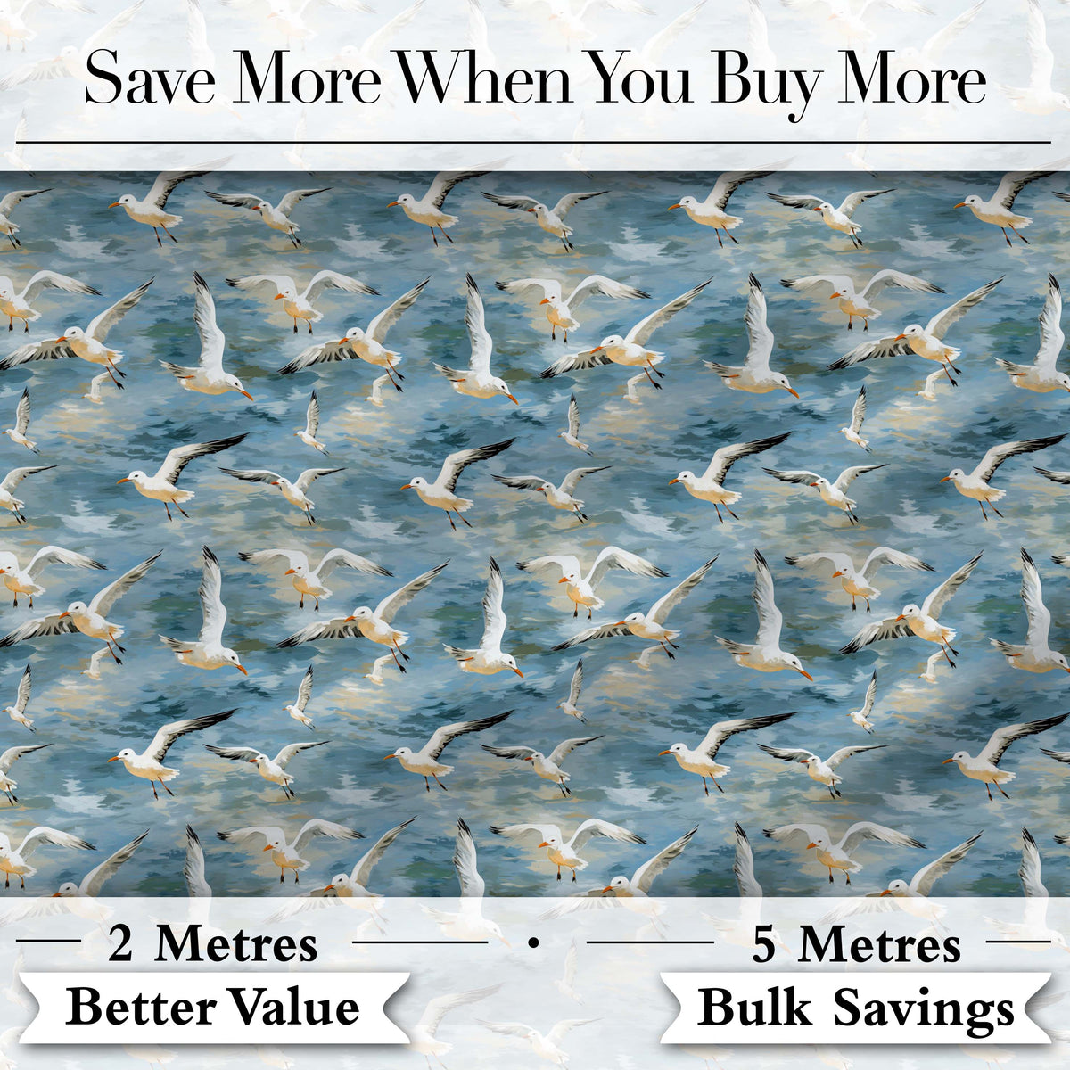 Soft Watercolor Seagulls in Flight Over Sea Seamless Pattern Digital Print Fabric by the Metre UK Sewing Quilting Textile