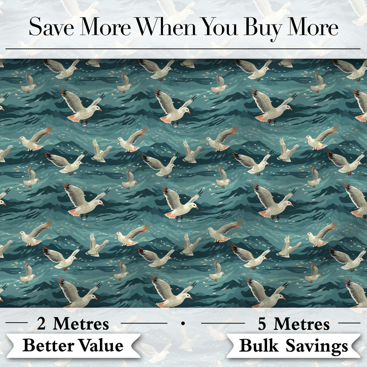 Seagulls Flying Over Deep Blue Ocean Waves Seamless Pattern Digital Print Fabric by the Metre UK Sewing Quilting Textile