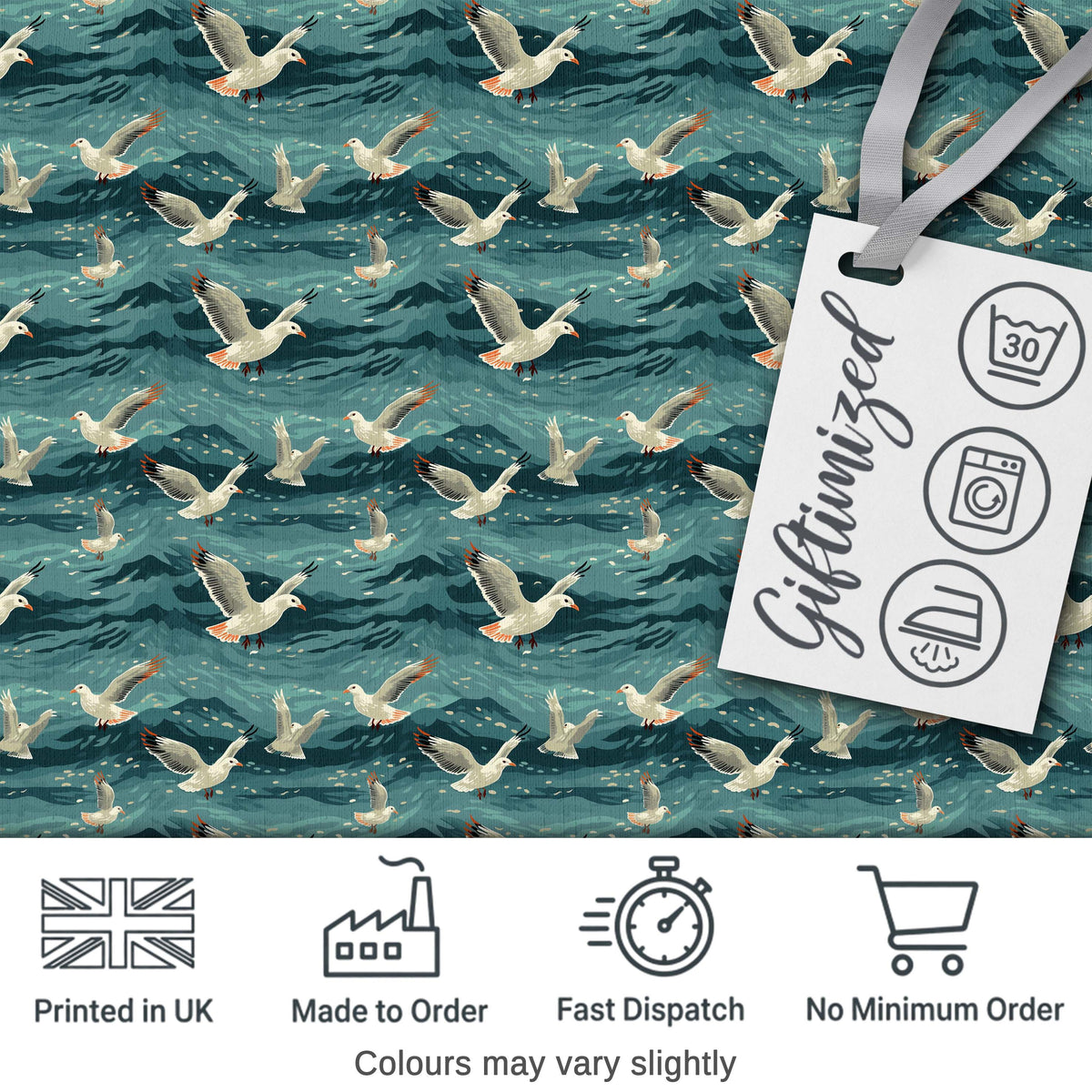 Seagulls Flying Over Deep Blue Ocean Waves Seamless Pattern Digital Print Fabric by the Metre UK Sewing Quilting Textile