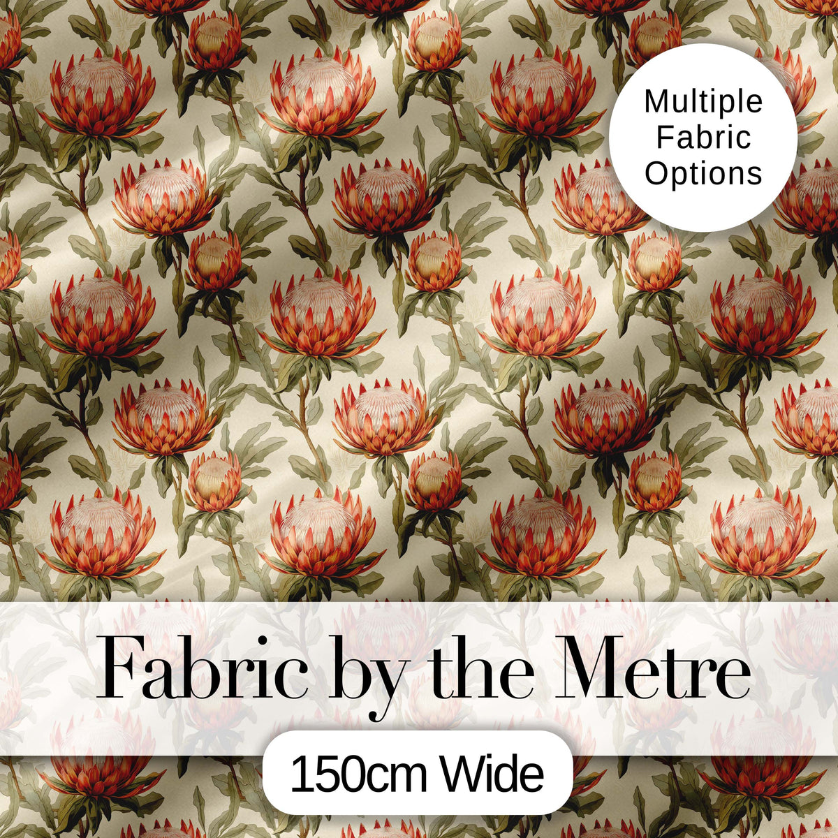 Warm Orange Protea Flower Vintage Botanical Seamless Pattern Digital Print Fabric by the Metre UK Sewing Quilting Textile