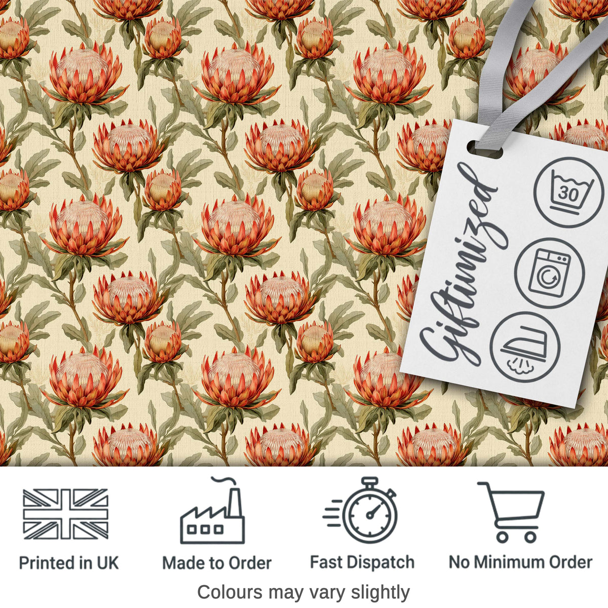 Warm Orange Protea Flower Vintage Botanical Seamless Pattern Digital Print Fabric by the Metre UK Sewing Quilting Textile