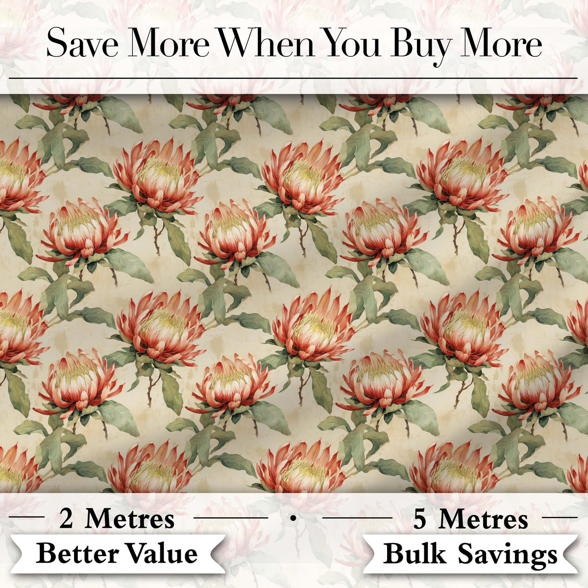 Vintage Style Protea Flowers on Neutral Background Seamless Pattern Digital Print Fabric by the Metre UK Sewing Quilting Textile