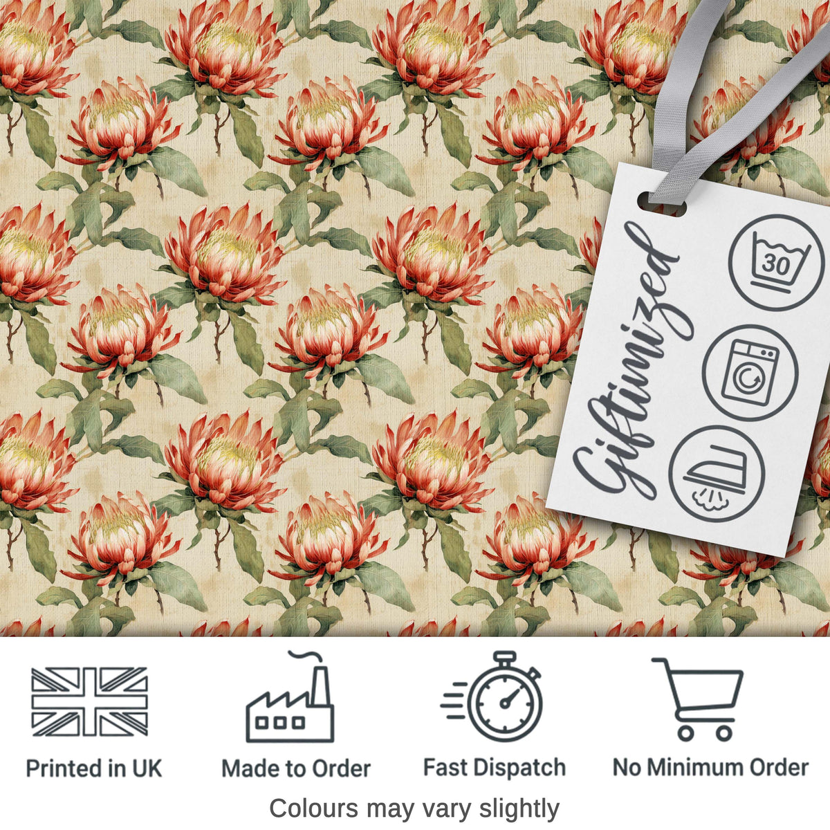 Vintage Style Protea Flowers on Neutral Background Seamless Pattern Digital Print Fabric by the Metre UK Sewing Quilting Textile