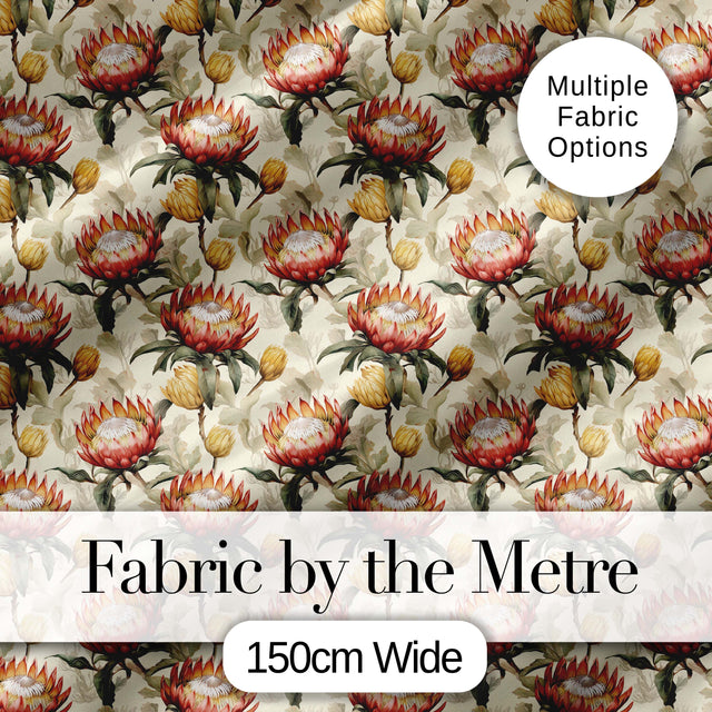 Protea Flowers with Yellow Buds Botanical Seamless Pattern Digital Print Fabric by the Metre UK Sewing Quilting Textile
