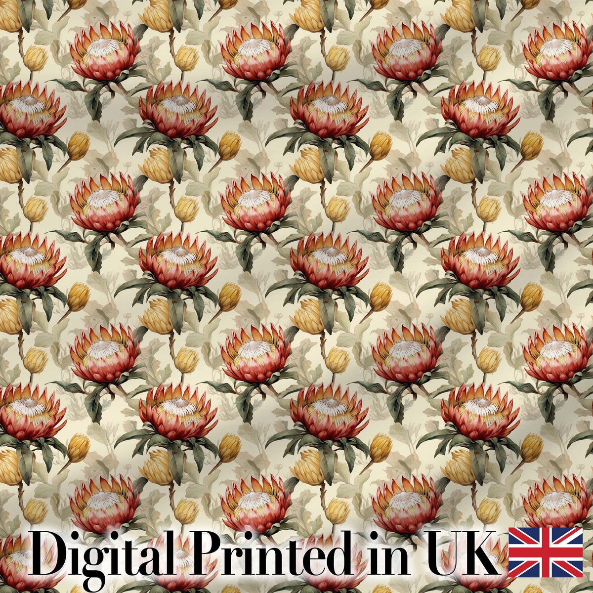 Protea Flowers with Yellow Buds Botanical Seamless Pattern Digital Print Fabric by the Metre UK Sewing Quilting Textile