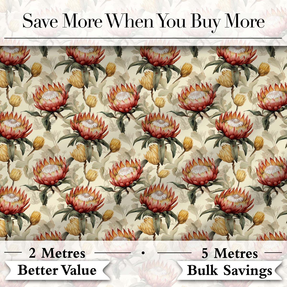 Protea Flowers with Yellow Buds Botanical Seamless Pattern Digital Print Fabric by the Metre UK Sewing Quilting Textile