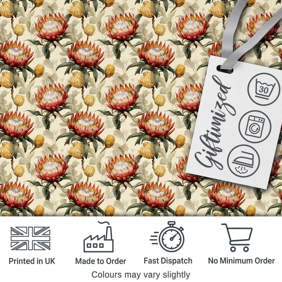 Protea Flowers with Yellow Buds Botanical Seamless Pattern Digital Print Fabric by the Metre UK Sewing Quilting Textile