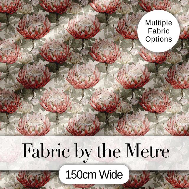 Elegant Pink Protea Floral Botanical Seamless Pattern Digital Print Fabric by the Metre UK Sewing Quilting Textile