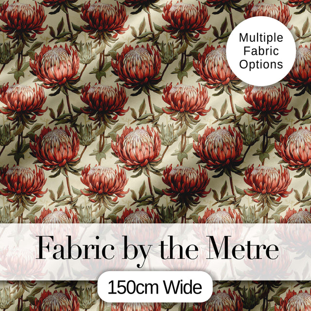 Vintage Style Red Protea Floral Seamless Pattern Digital Print Fabric by the Metre UK Sewing Quilting Textile
