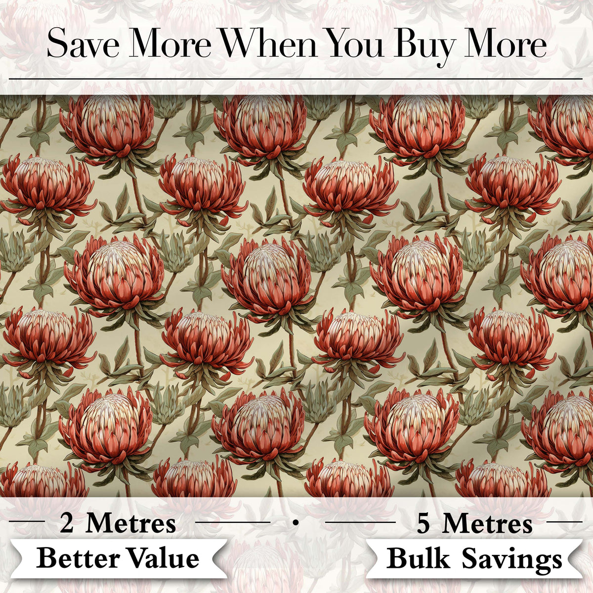 Vintage Style Red Protea Floral Seamless Pattern Digital Print Fabric by the Metre UK Sewing Quilting Textile