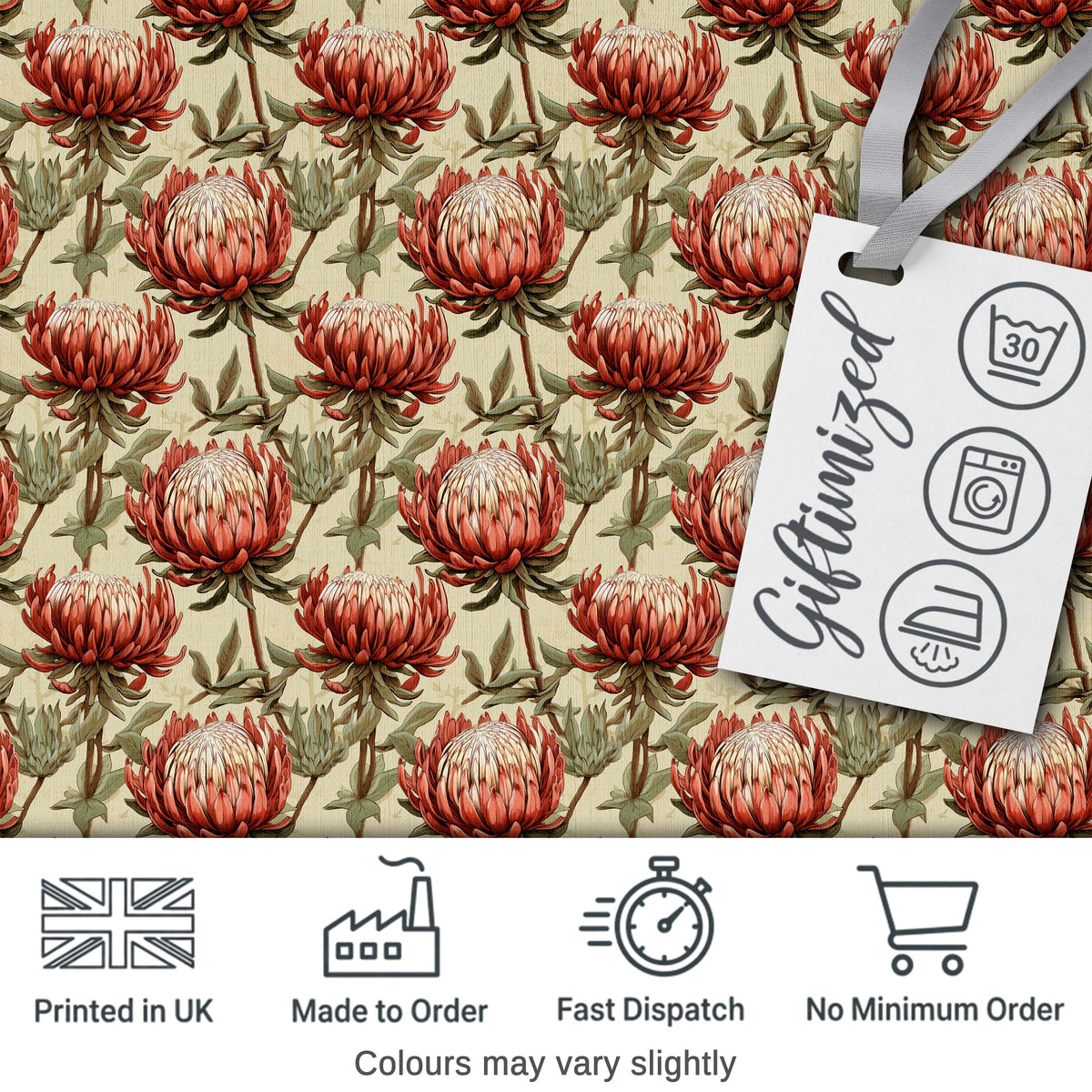 Vintage Style Red Protea Floral Seamless Pattern Digital Print Fabric by the Metre UK Sewing Quilting Textile