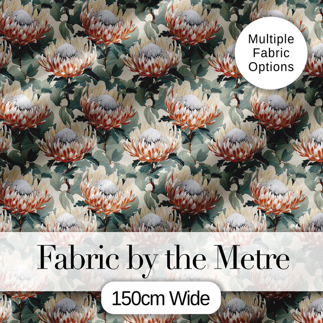 Elegant White and Orange Protea Botanical Seamless Pattern Digital Print Fabric by the Metre UK Sewing Quilting Textile