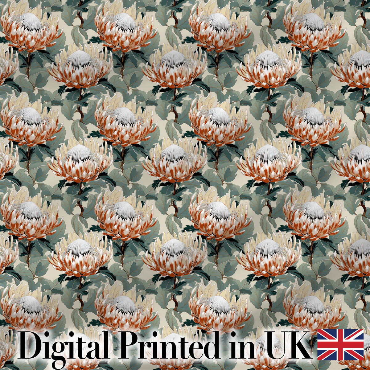 Elegant White and Orange Protea Botanical Seamless Pattern Digital Print Fabric by the Metre UK Sewing Quilting Textile