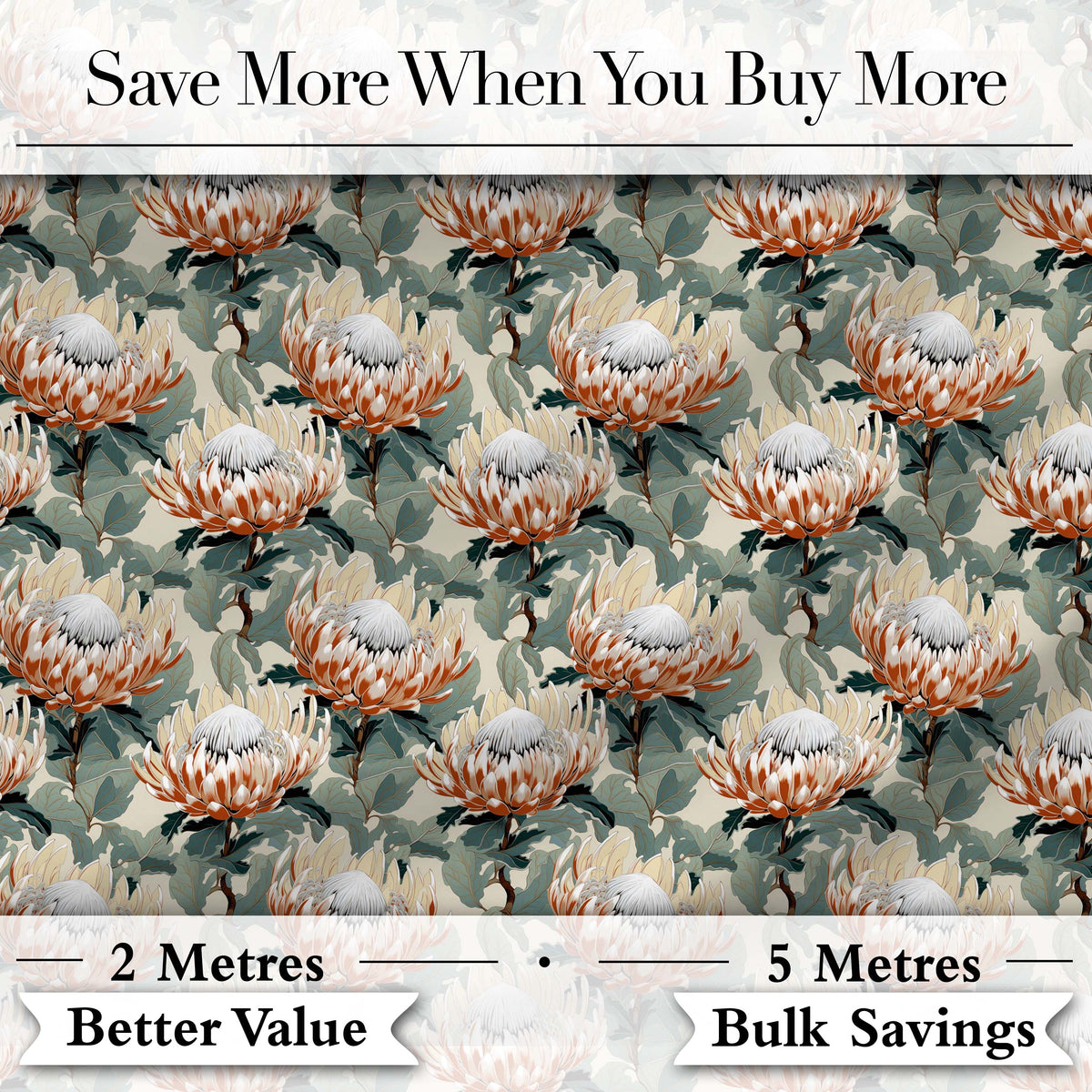 Elegant White and Orange Protea Botanical Seamless Pattern Digital Print Fabric by the Metre UK Sewing Quilting Textile