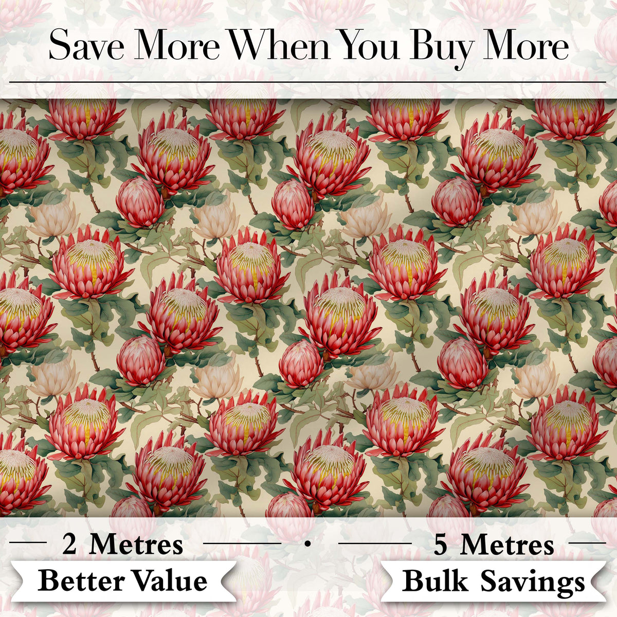 Red and Cream Protea Floral Botanical Seamless Pattern Digital Print Fabric by the Metre UK Sewing Quilting Textile