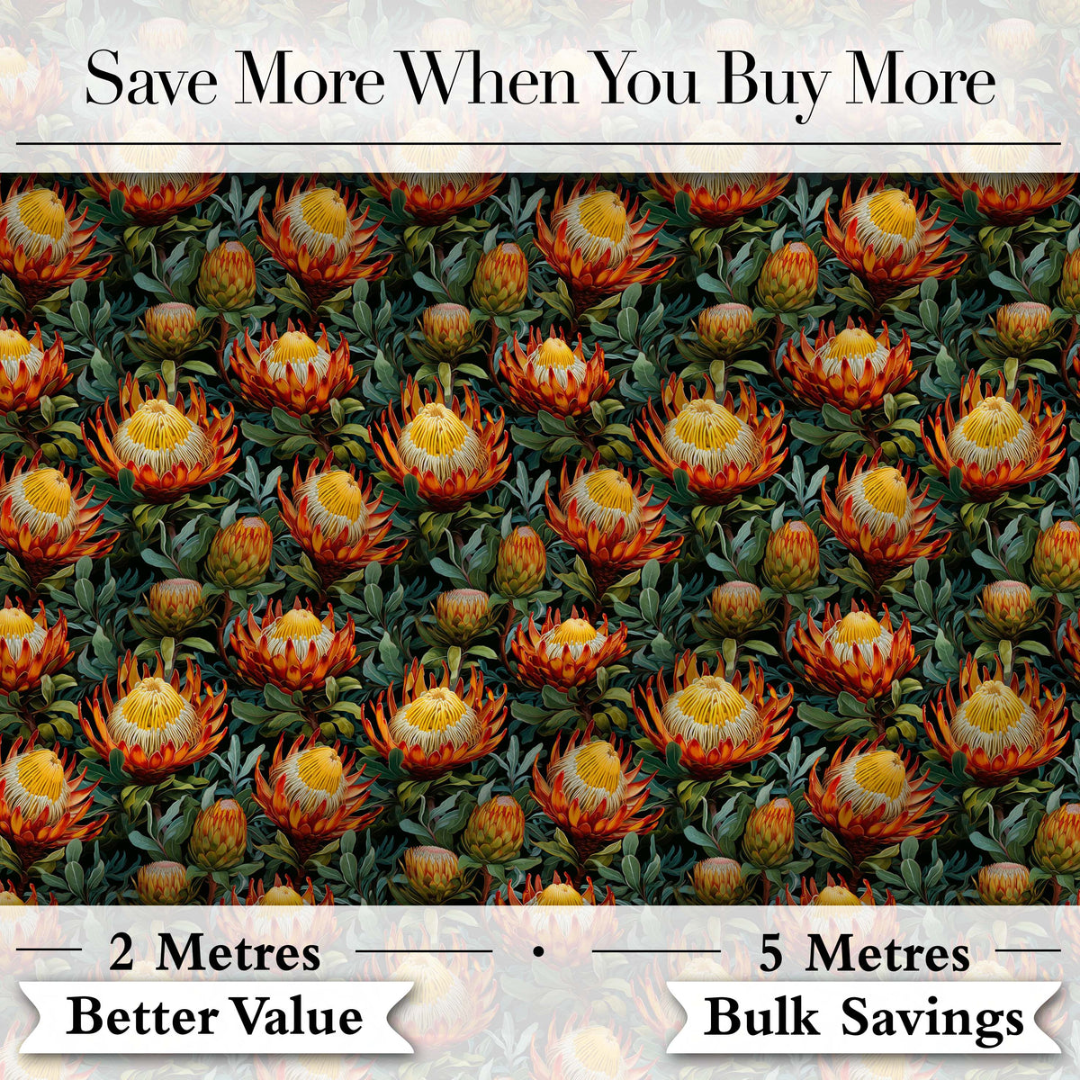 Vibrant Yellow and Red Protea Floral Seamless Pattern Digital Print Fabric by the Metre UK Sewing Quilting Textile