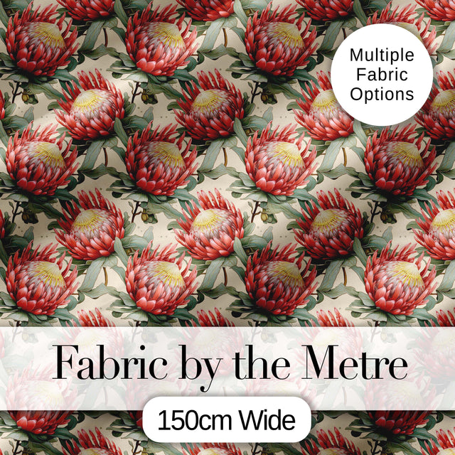 Soft Red Protea Floral Botanical Seamless Pattern Digital Print Fabric by the Metre UK Sewing Quilting Textile