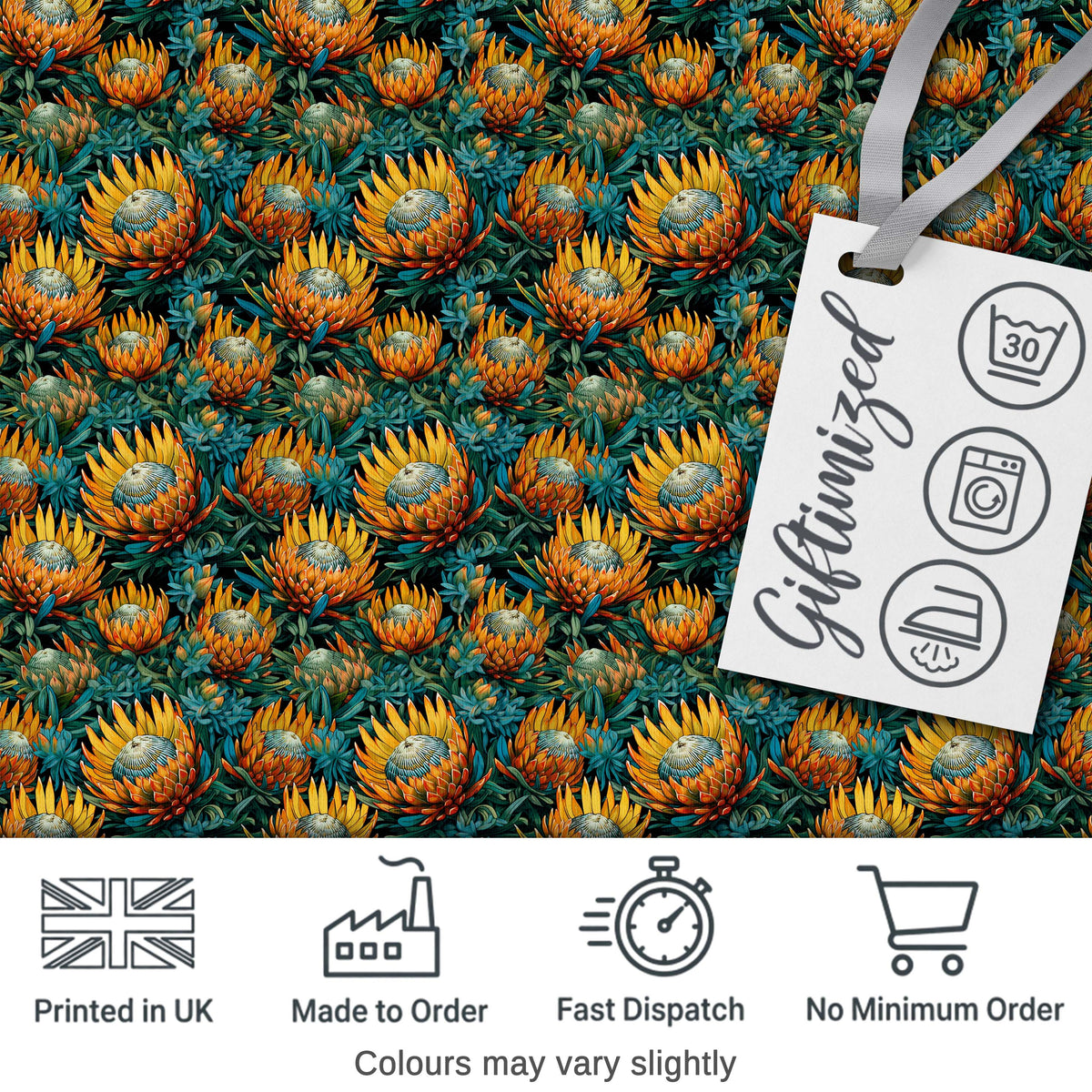 Vibrant Orange and Teal Protea Floral Seamless Pattern Digital Print Fabric by the Metre UK Sewing Quilting Textile